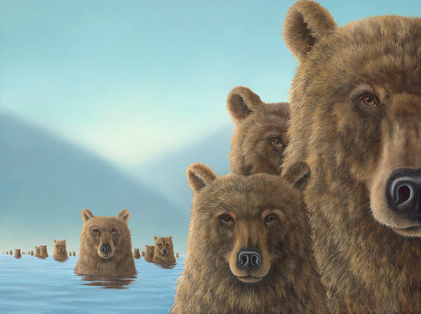 Emersion bear painting by Robert Bissell features a bears emersed in water.