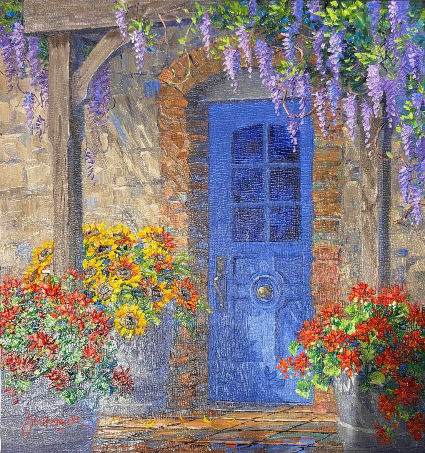 French Laundry Sunflowers by Mikki Senkarik, original 10x10 oil painting featuring a vibrant blue French door framed by cascading purple wisteria, bright yellow sunflowers, and colorful flower pots inspired by Napa Valley's French Laundry gardens.