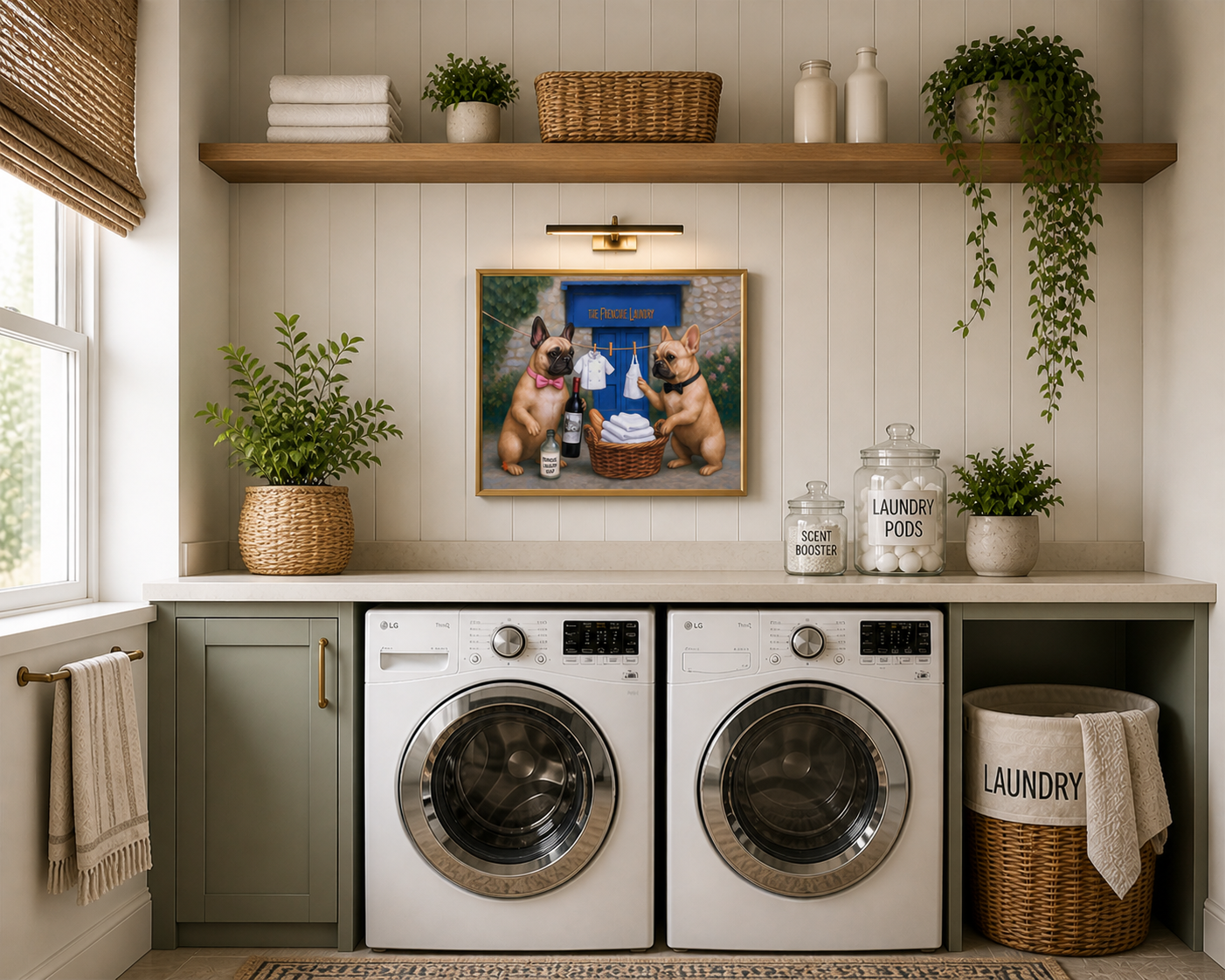 The Frenchie Laundry artwork by Lila Joy displayed as a 16x20 framed print in a bright modern farmhouse laundry room above washer and dryer