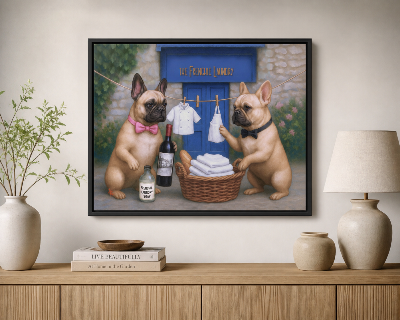 The Frenchie Laundry French bulldog art by Lila Joy styled in a contemporary living room with a black float frame above a wood console