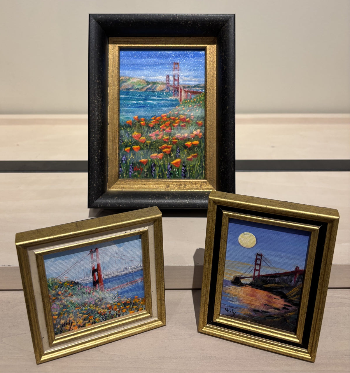 Golden Gate Bridge & Poppies miniature original painting by Karen Neely