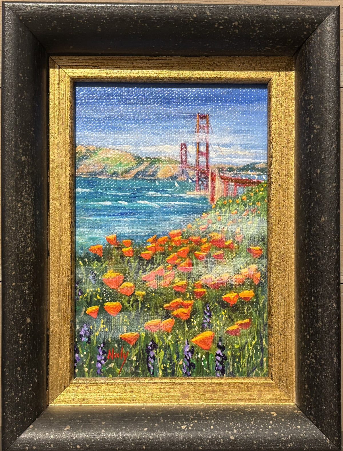 Golden Gate Bridge miniature original acrylic painting by Karen Neely (#I204), 6x4", featuring California poppies, framed in imported Italian moulding with easel back.