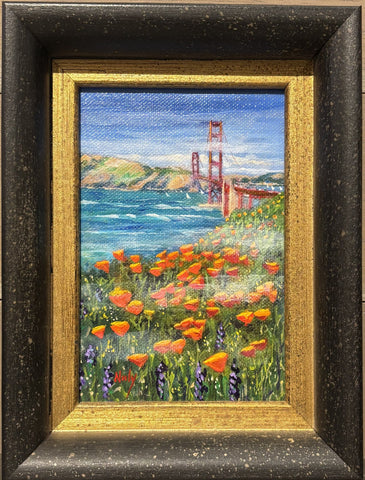 Golden Gate Bridge miniature original acrylic painting by Karen Neely (#I204), 6x4", featuring California poppies, framed in imported Italian moulding with easel back.