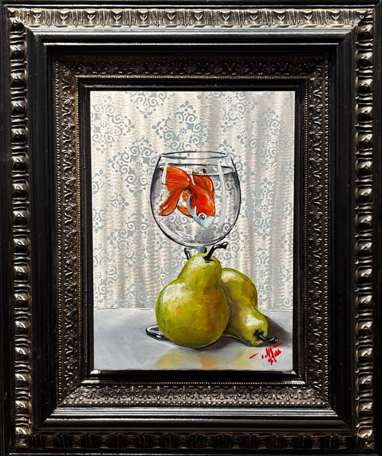 “Nice Pear” by Pete Tillack – a goldfish in a glass balanced on two green pears.