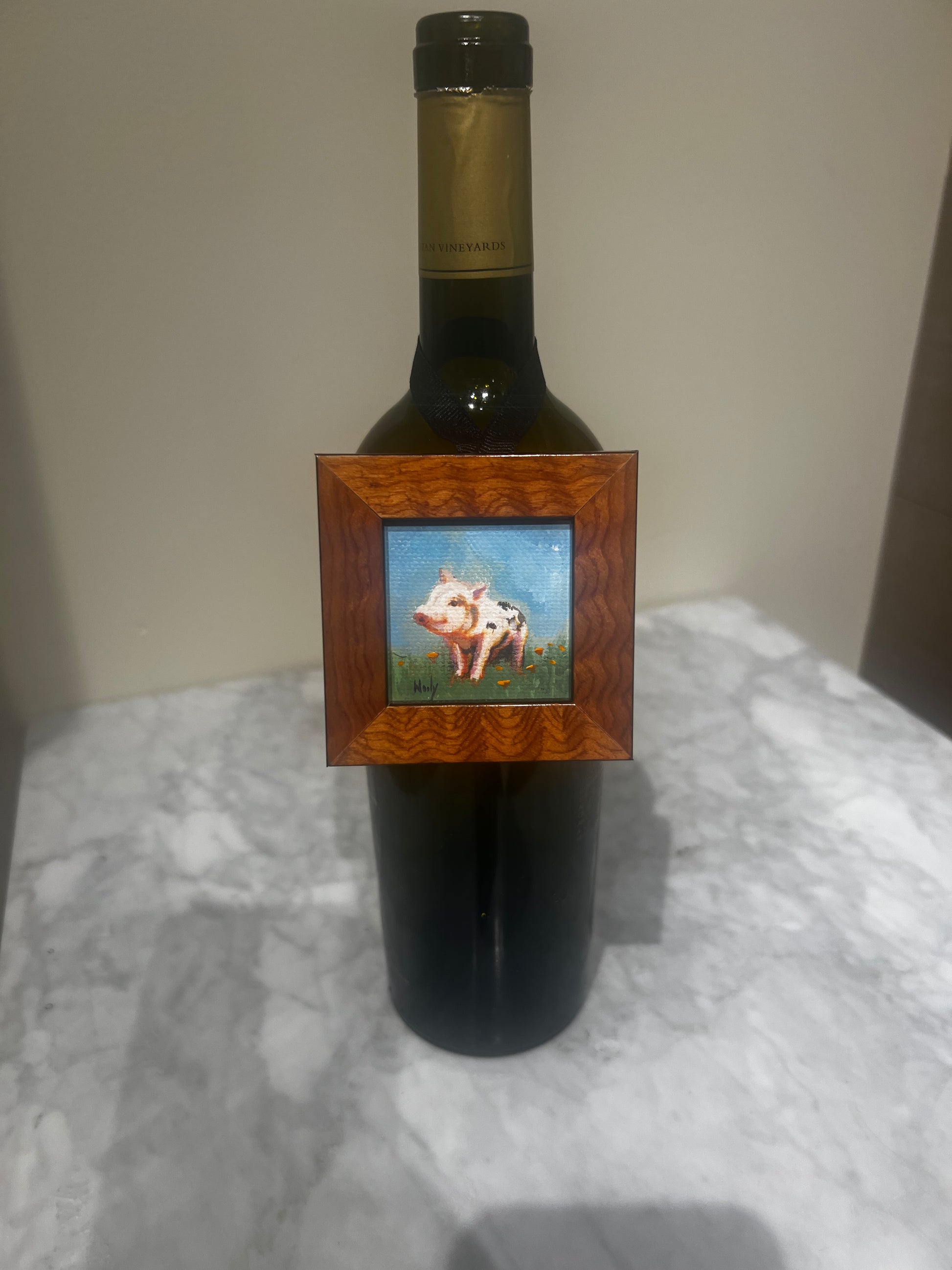 Small acrylic piglet artwork framed in burl wood with ribbon hanger by Karen Neely