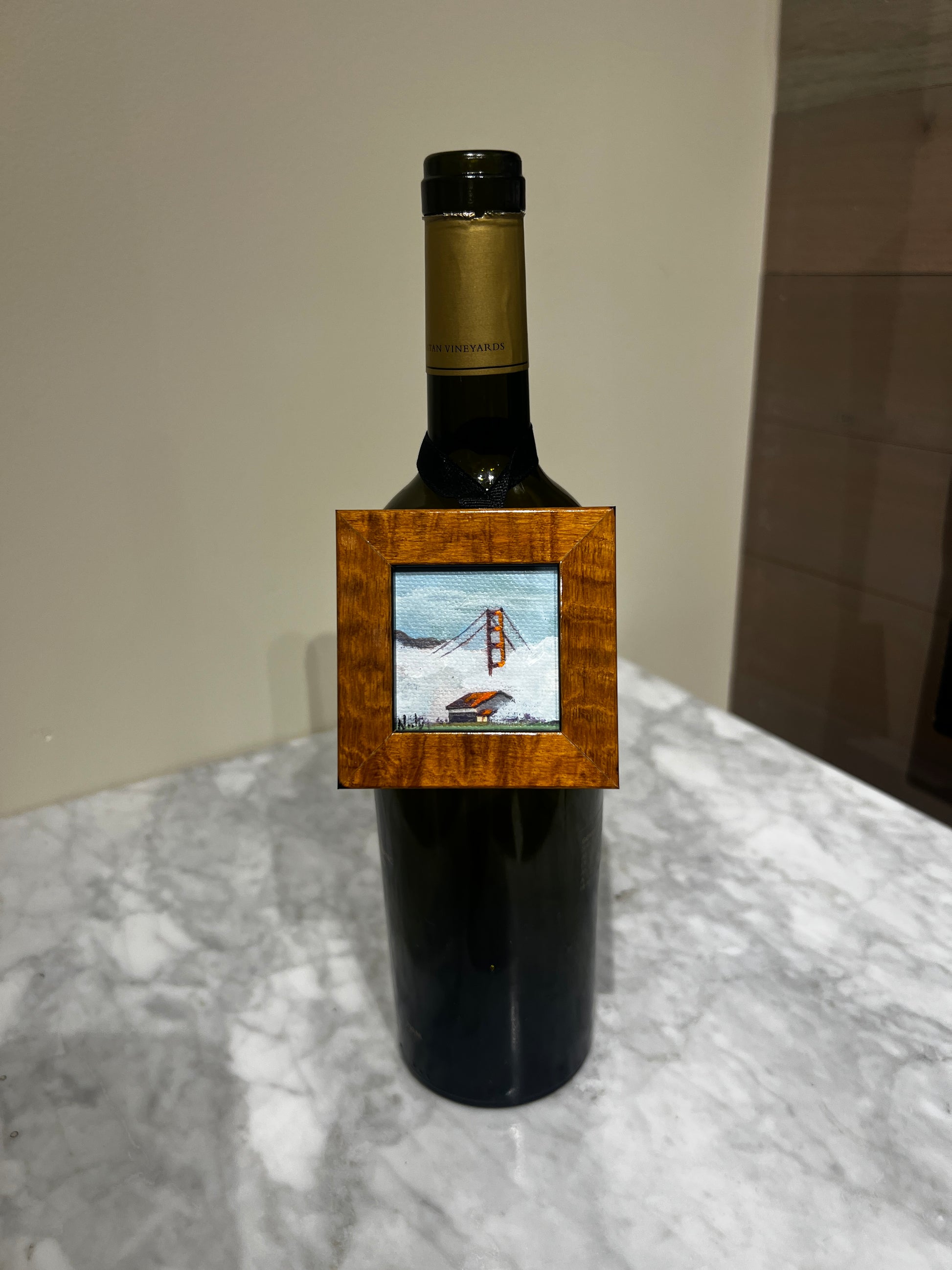 Small San Francisco bridge artwork in burl wood frame with ribbon hanger