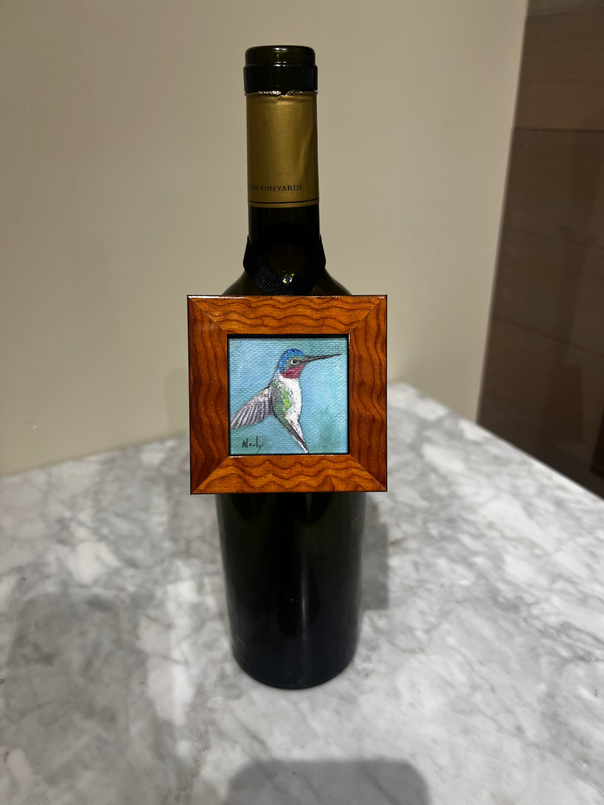 Tiny framed hummingbird acrylic artwork with burl wood frame