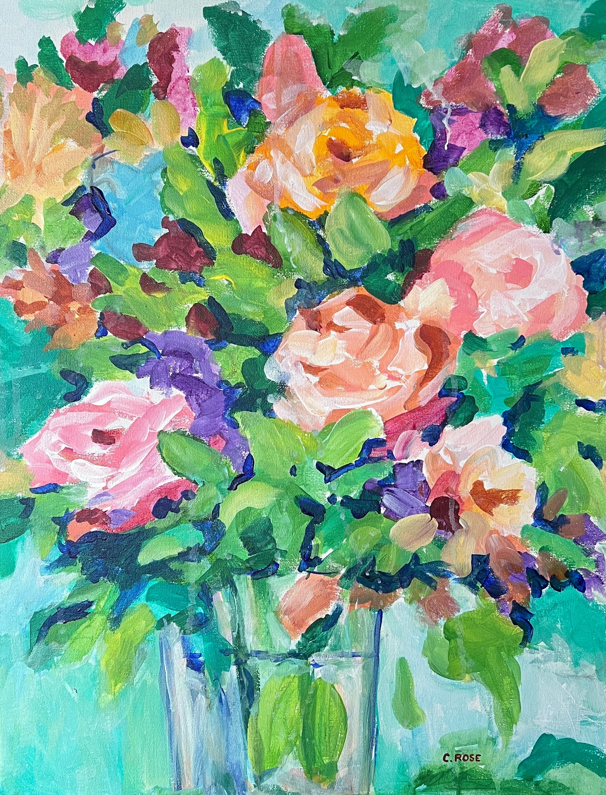 Peach Roses original acrylic painting by Charlotte Rose featuring a soft floral bouquet with peach and blush roses in a glass vase on a light turquoise background, 20x16 inches.
