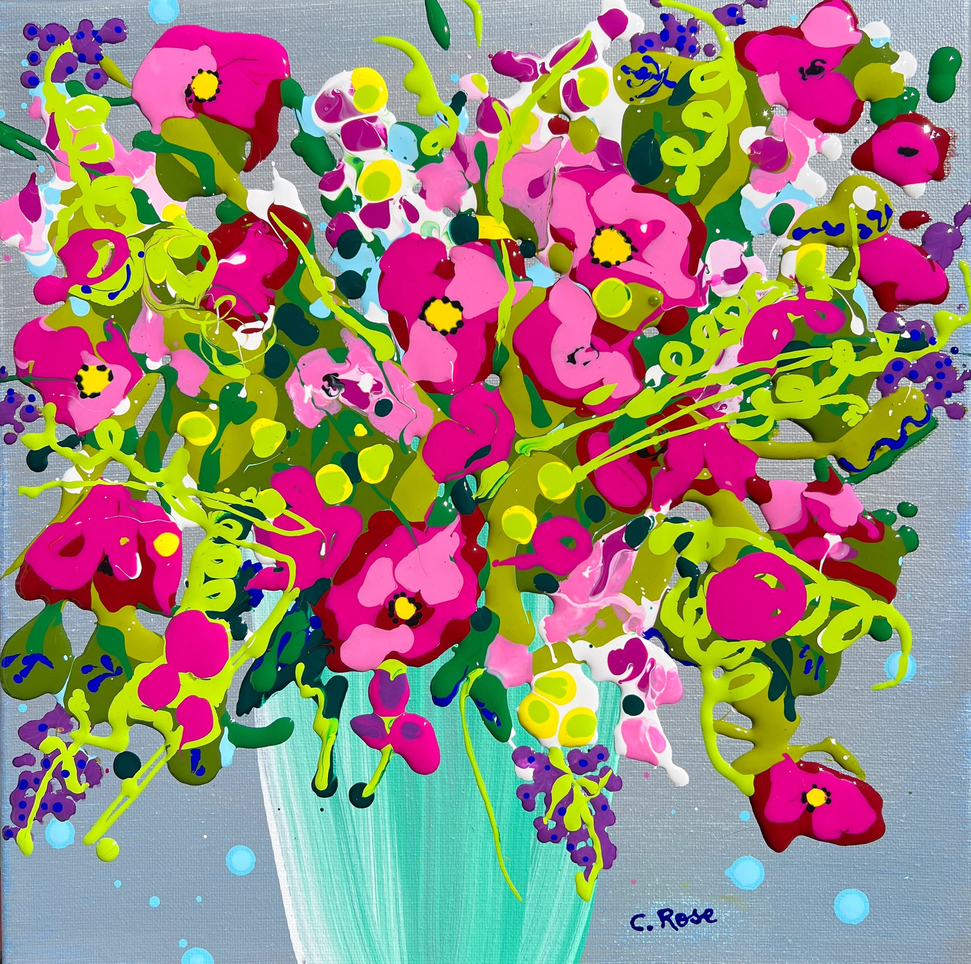 Sweet Peas original acrylic painting by Charlotte Rose featuring a vibrant abstract floral bouquet with pink flowers, bold green and yellow accents, and expressive drips on a soft blue background, 12x12 inches.