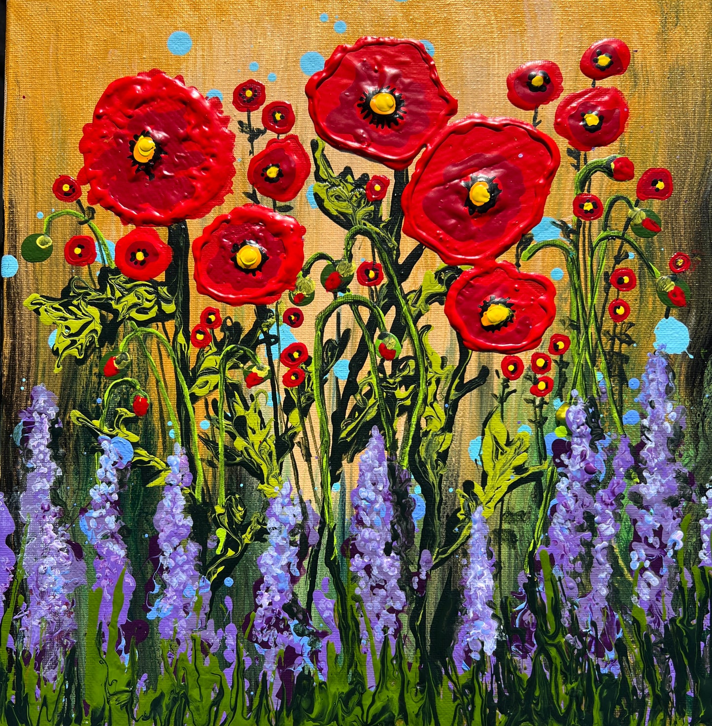 Red Poppies original acrylic painting by Charlotte Rose featuring bold red poppy flowers with textured petals, lavender blooms, and a warm golden background, 12x12 inches.