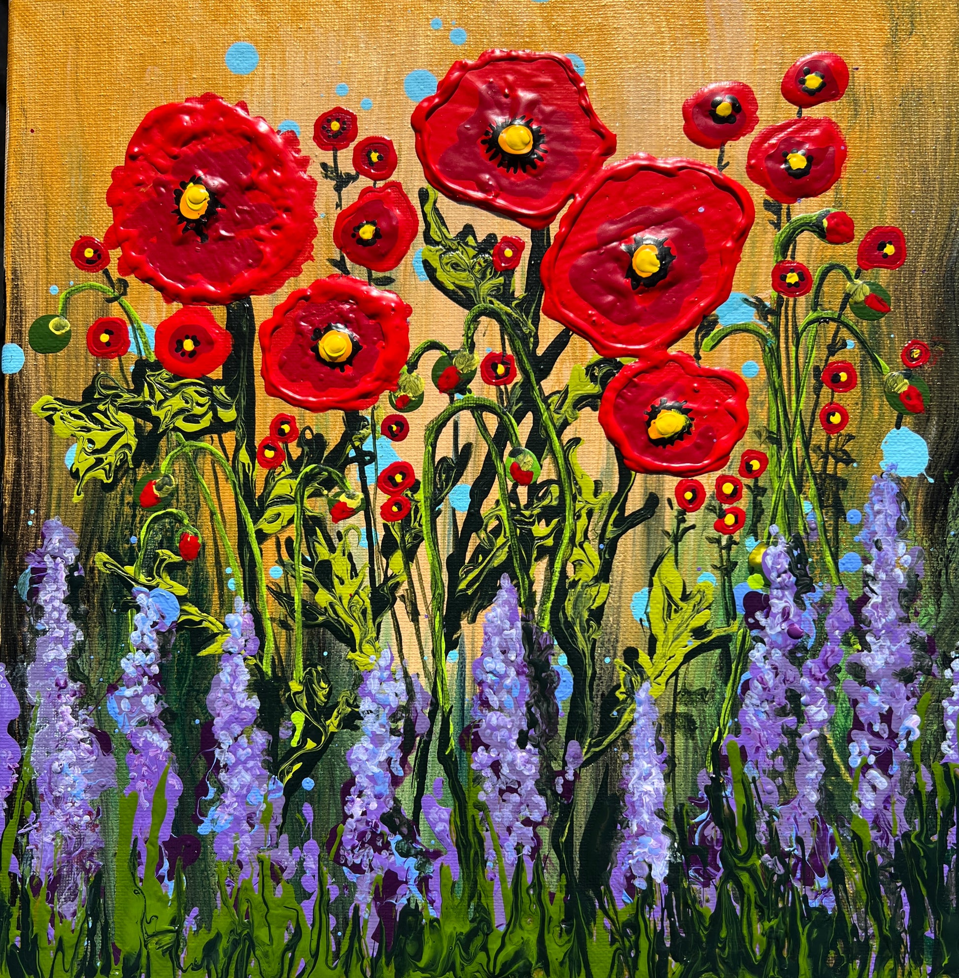 Red Poppies original acrylic painting by Charlotte Rose featuring bold red poppy flowers with textured petals, lavender blooms, and a warm golden background, 12x12 inches.
