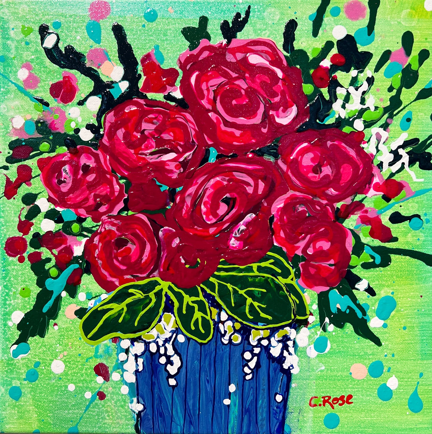 Red Roses original acrylic painting by Charlotte Rose featuring a vibrant bouquet of red roses in a blue vase with bold green background and expressive splashes of color, 12x12 inches.