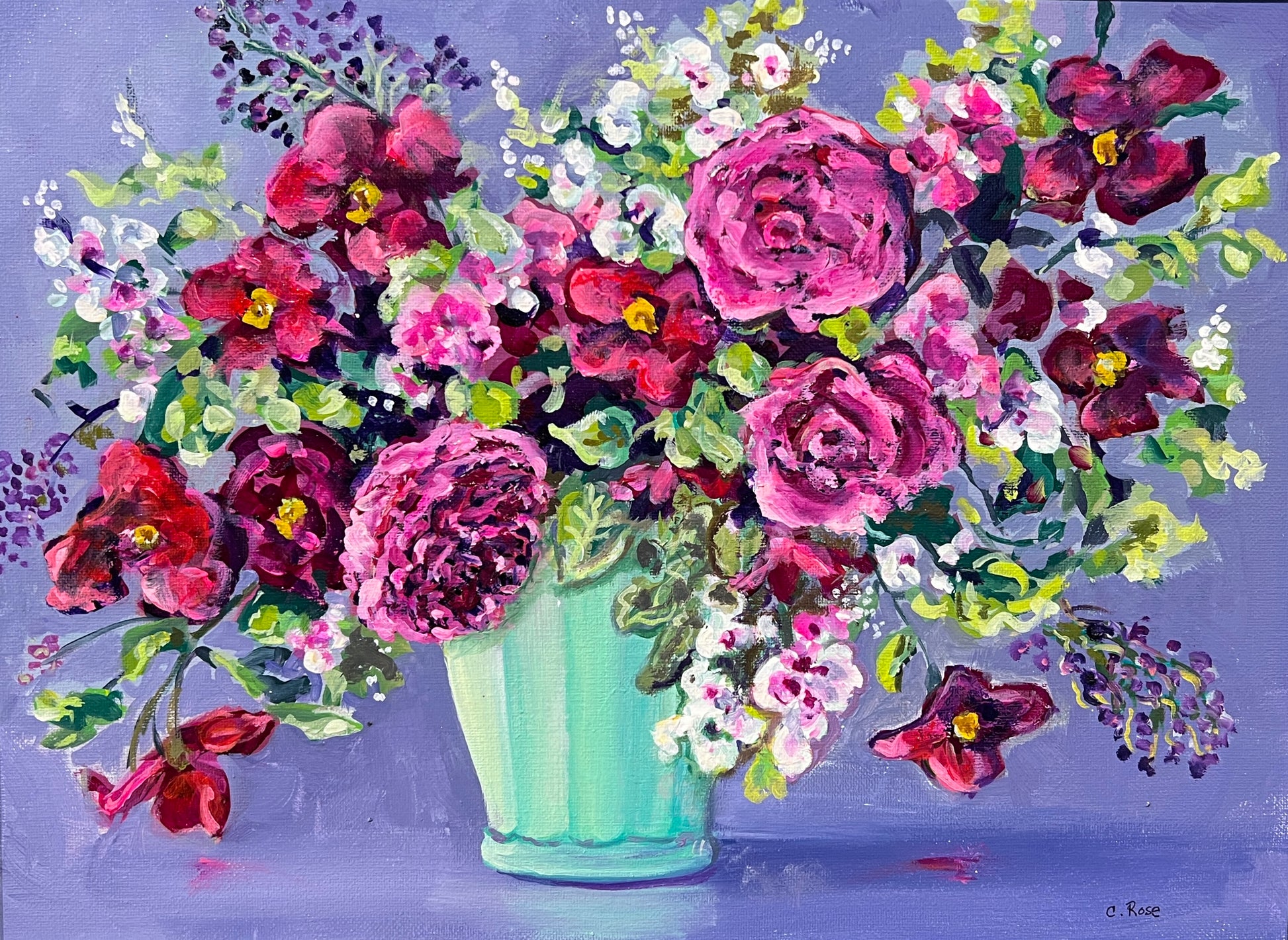 Peas & Mint original acrylic painting by Charlotte Rose featuring a lush floral bouquet with pink and burgundy blooms in a mint green vase on a soft lavender background, 12x16 inches.
