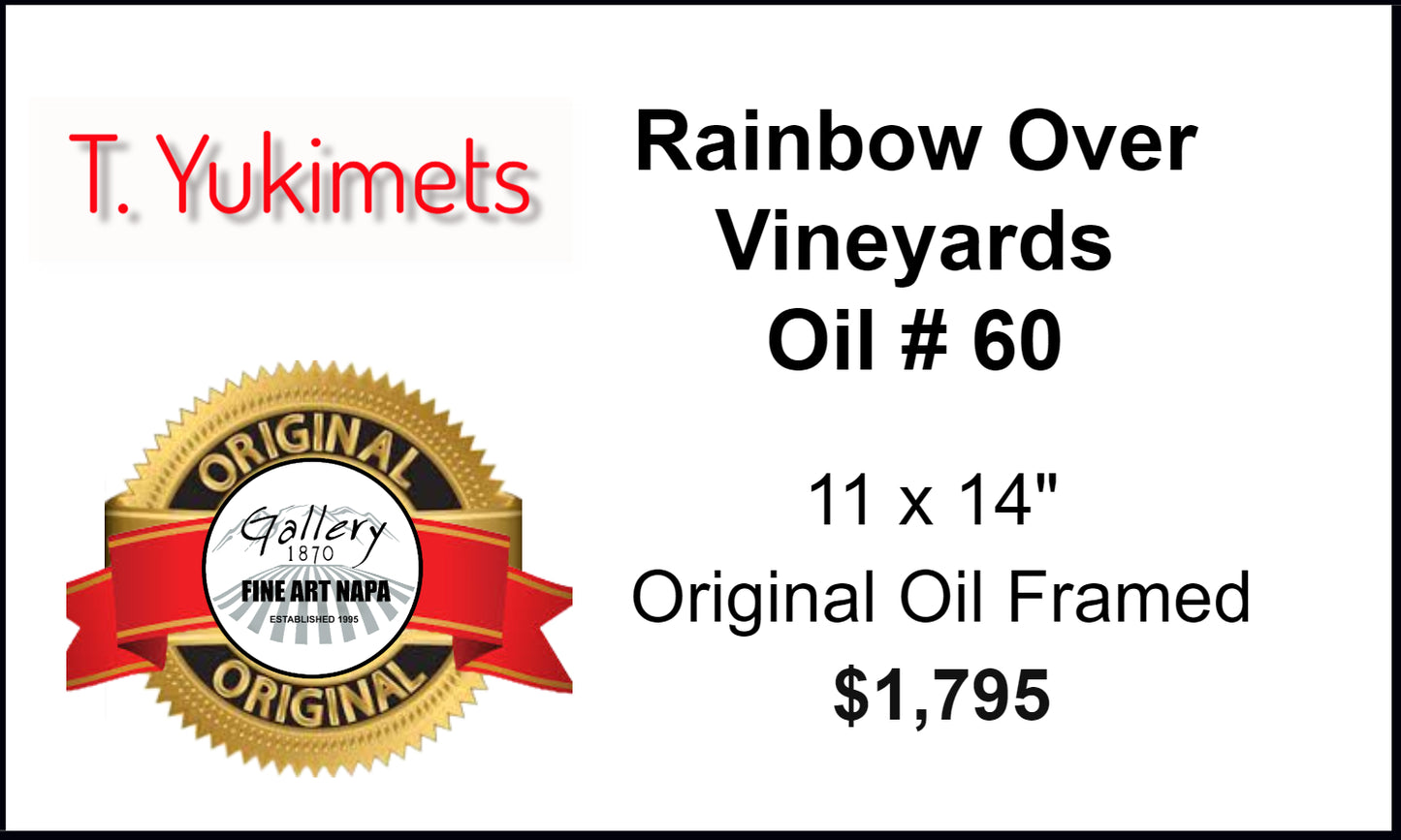 Rainbow Over Vineyards original oil painting by Tania Yukhimets featuring Napa Valley vineyard rows, rainbow, hillside home, and dramatic storm sky, framed in gold.