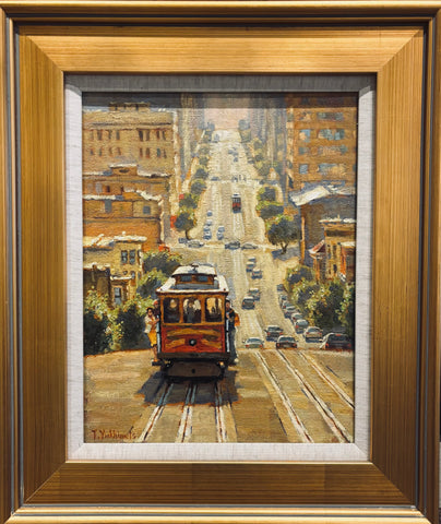 San Francisco California Street original oil painting by Tania Yukhimets featuring cable car, steep street, city buildings, and traffic, framed 20.5x17.5 inches.