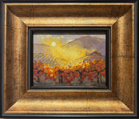 Napa Vineyards original oil painting by Tania Yukhimets featuring sunset vineyard scene with red and orange vines, rolling hills, and farmhouse, framed 7.5x8.5 inches.