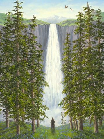 Inspiration by Robert Bissell features a bear standing tall in the forest at the foot of waterfall.