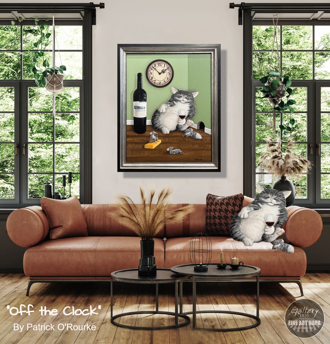 Off the Clock by Patrick O’Rourke – whimsical Mouseterpiece painting featuring a cat with Corison Cabernet Sauvignon and three playful mice, original acrylic (sold), available as limited edition giclée on canvas.