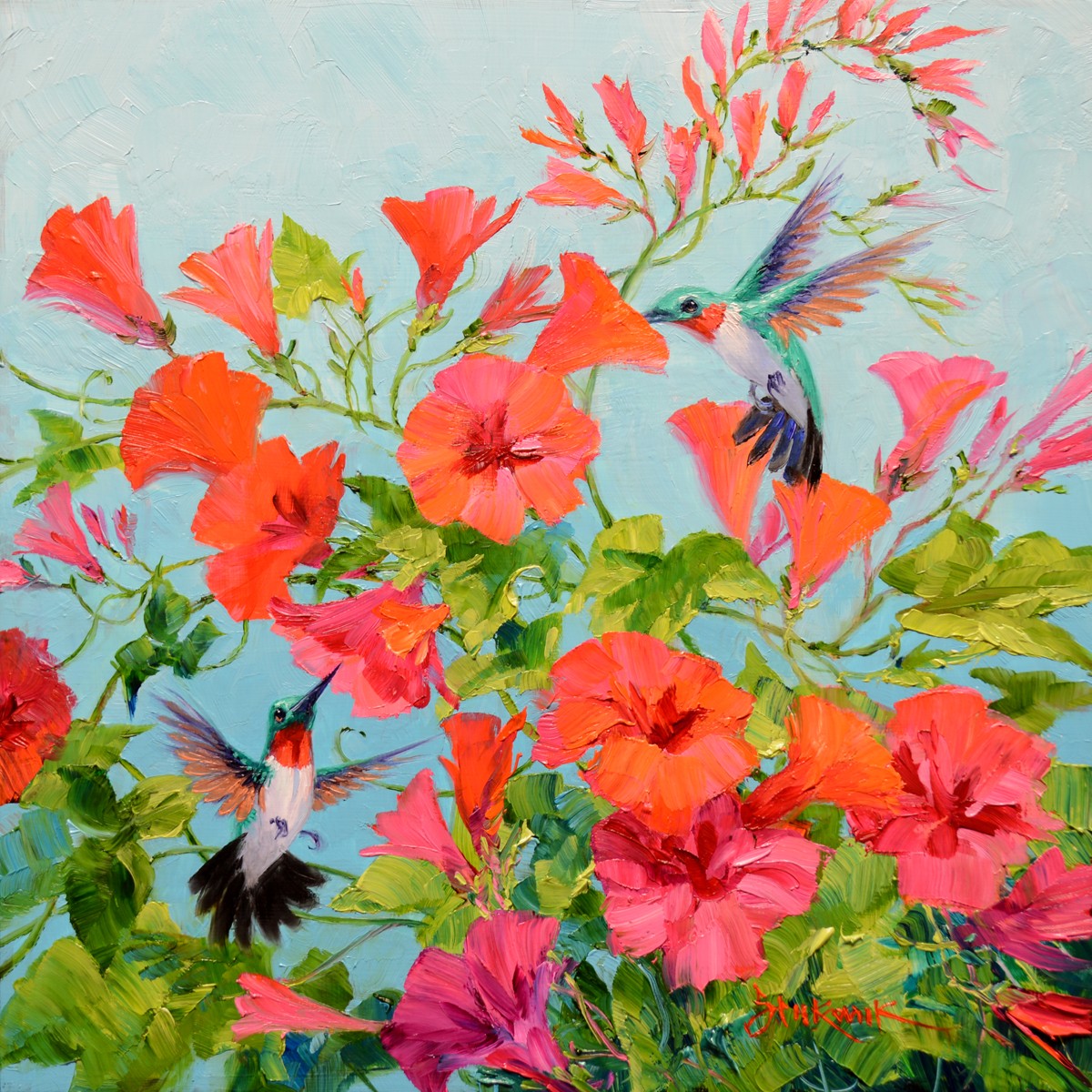 Joy Filled Garden by Mikki Senkarik, original 10x10 oil painting featuring two hummingbirds flying among vibrant pink, coral, and orange morning glory blossoms beneath a bright blue morning sky.
