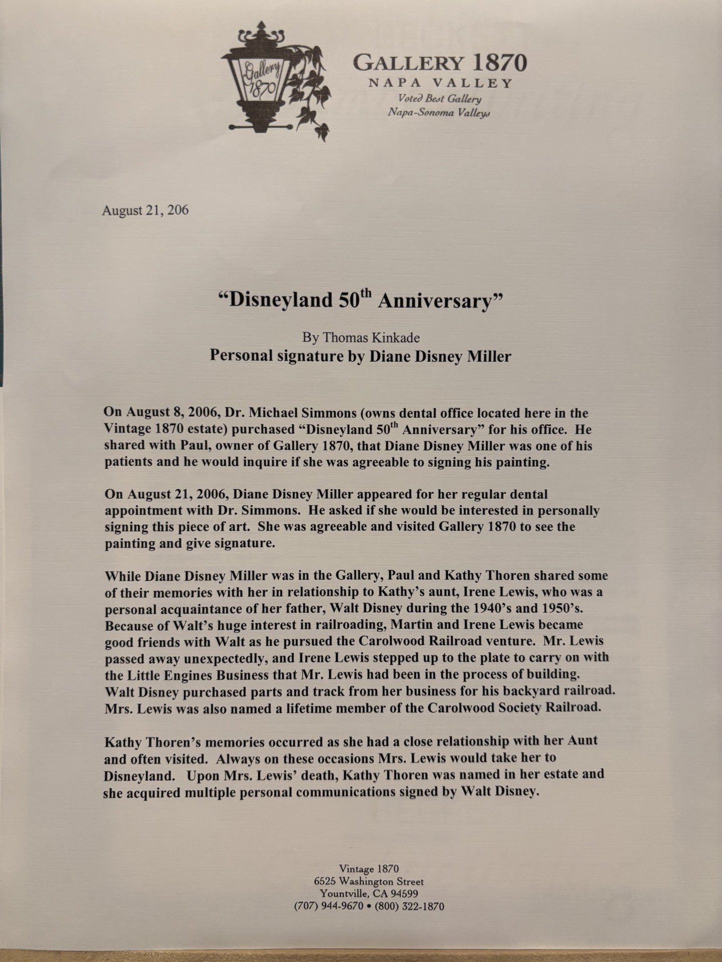 Letter explaining Diana Disney Miller dedication