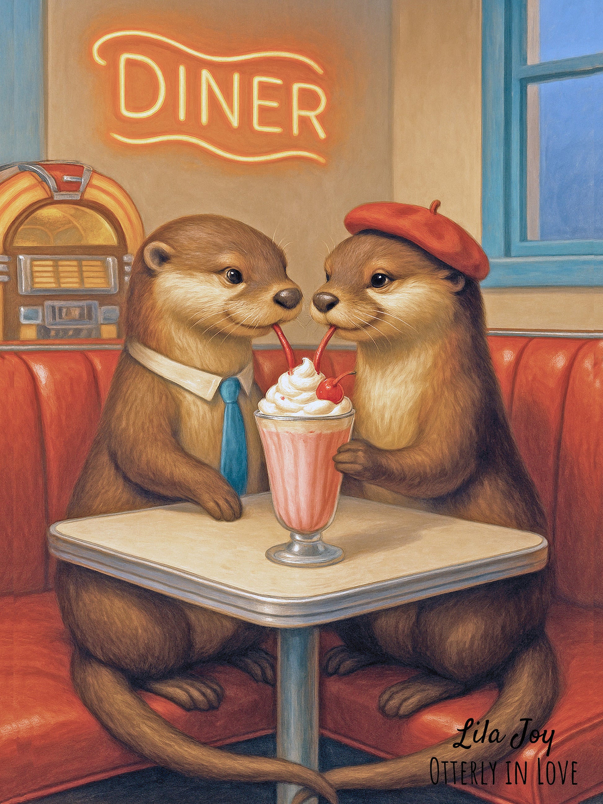 Whimsical fine art piece of two otters sharing a milkshake in a vintage diner, capturing a tender moment of love and playful charm by Lila Joy.