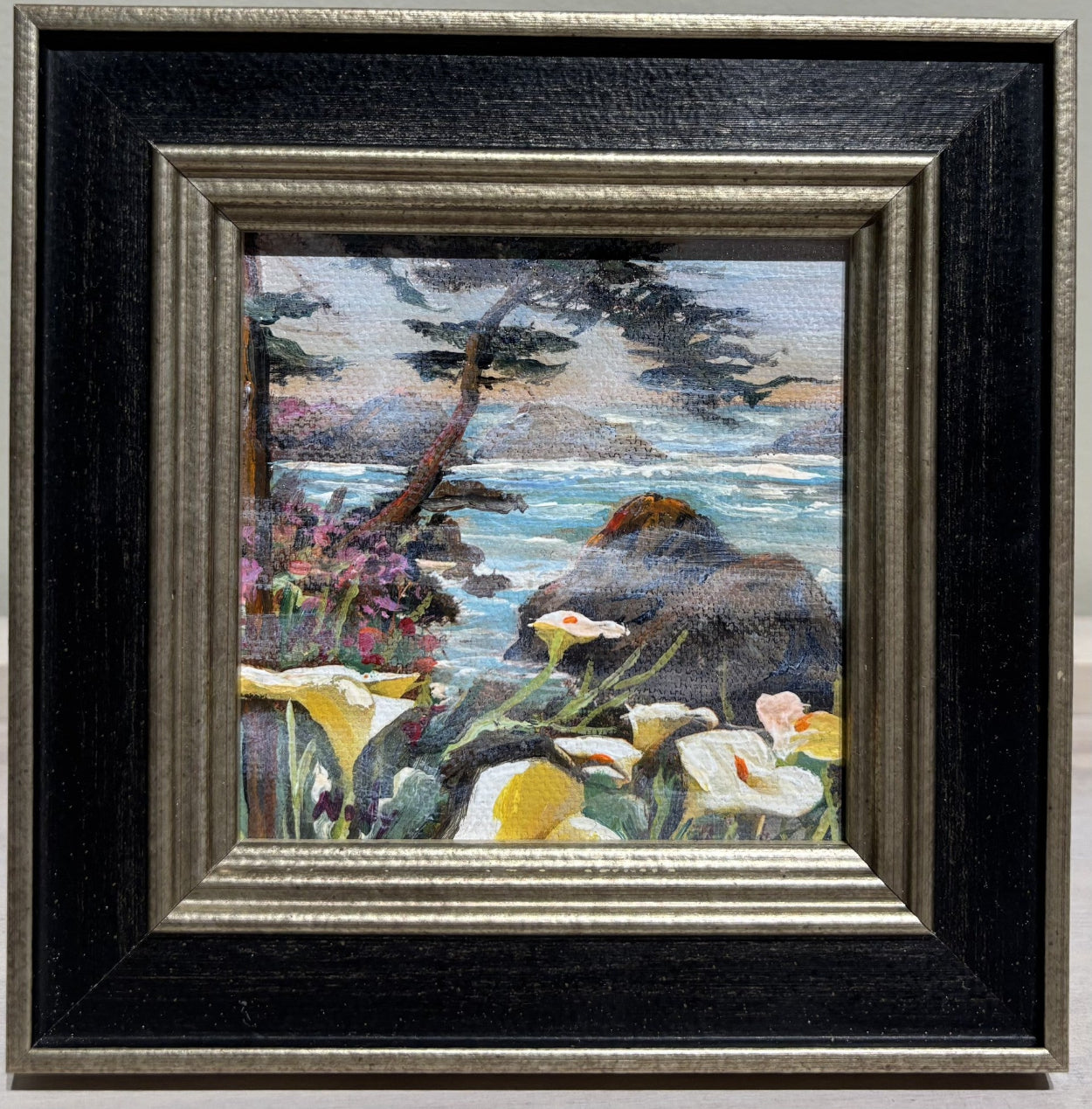 Lilies by the Sea miniature original painting of the California Coast by Karen Neely