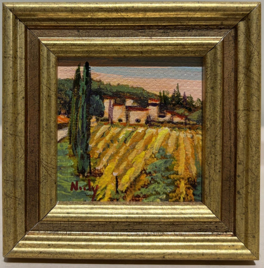 Castello di Amorosa miniature original acrylic painting by Karen Neely (#M1678), 2x2", Napa Valley Tuscan-style castle and vineyards, framed in gold Italian moulding (framed size ~3x3").