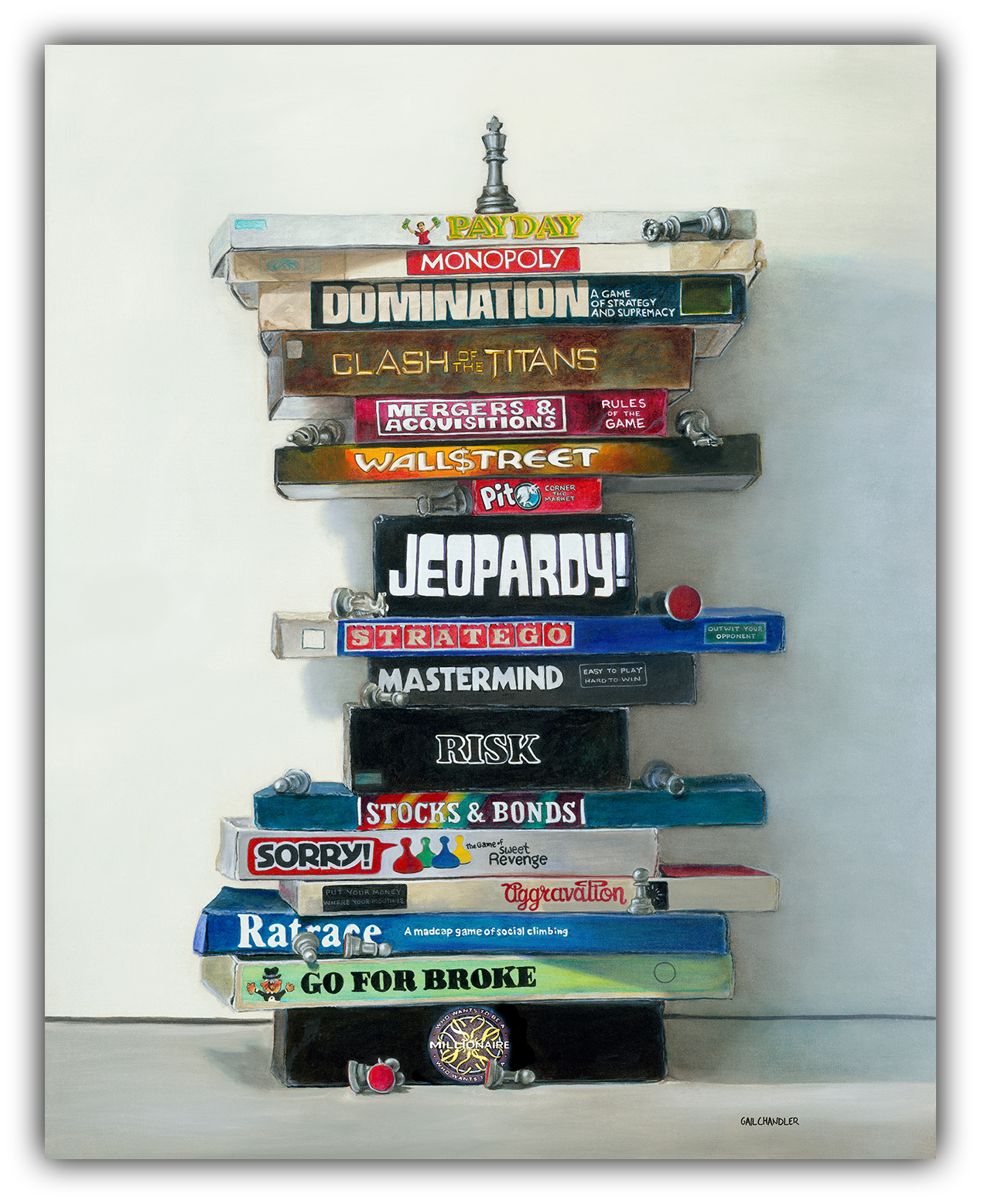 Master of the Games painting of board games by Gail Chandler