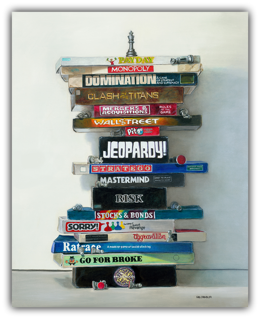Master of the Games painting of board games by Gail Chandler