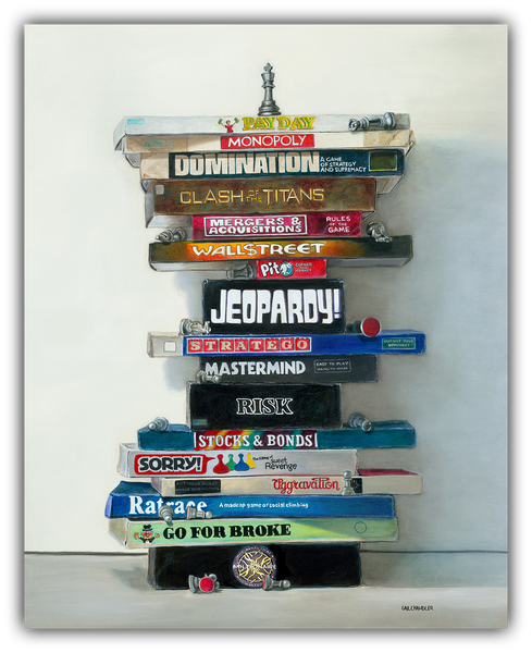 Master of the Games painting of board games by Gail Chandler