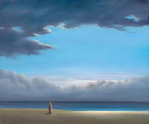 The Meandering Moon by Robert Bissell features a bear on the beach and clouds hiding the moon.