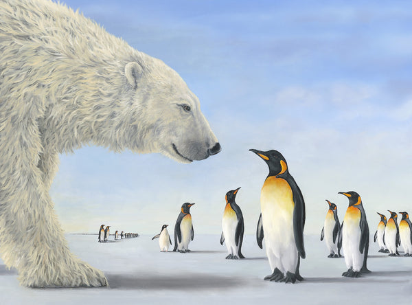 Meeting on the Ice by Robert Bissell - a polar bear having a meeting with a colony of penguins.