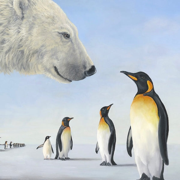 Meeting on the Ice by Robert Bissell - a polar bear having a meeting with a colony of penguins.