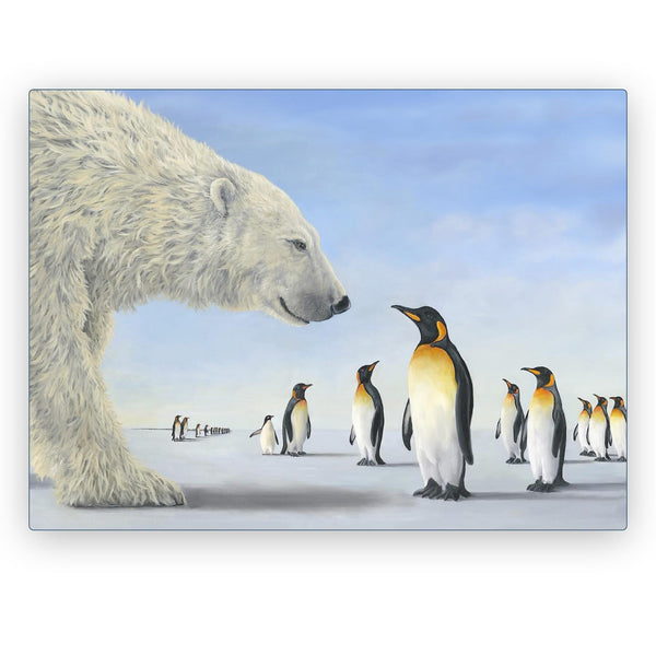 Meeting on the Ice by Robert Bissell - a polar bear having a meeting with a colony of penguins.
