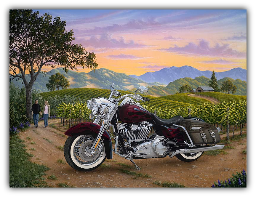 Motorcycle parked on a dirt road with a scenic background of mountains and vineyards.
