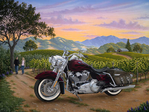 Motorcycle parked on a dirt road with a scenic background of mountains and vineyards.
