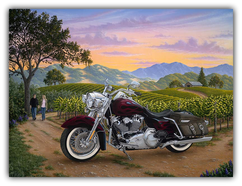 Motorcycle parked on a dirt road with a scenic background of mountains and vineyards.