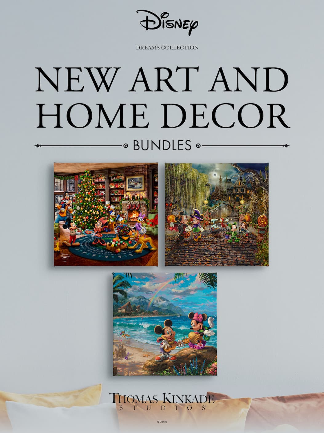 Disney Mickey and Minnie gallery wrapped canvas from Thomas Kinkade Studios set of 3.