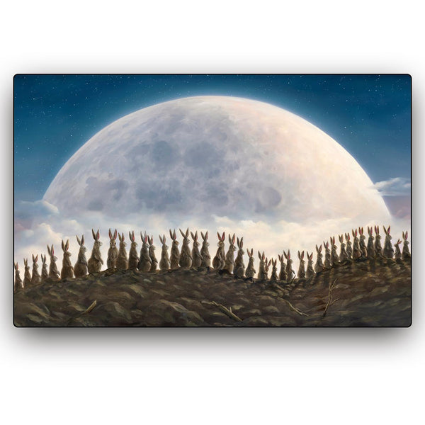 Moonwalkers by Robert Bissell features bunny rabbits walking in front of a full moon.