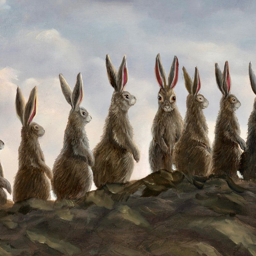 Moonwalkers by Robert Bissell features bunny rabbits walking in front of a full moon.