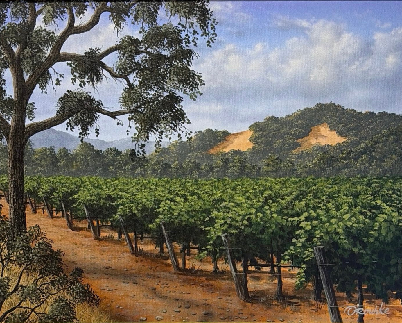 Oak & Vine by Patrick O'Rourke – 16x20 original acrylic painting of Napa Valley vineyards with a majestic California oak, custom framed.