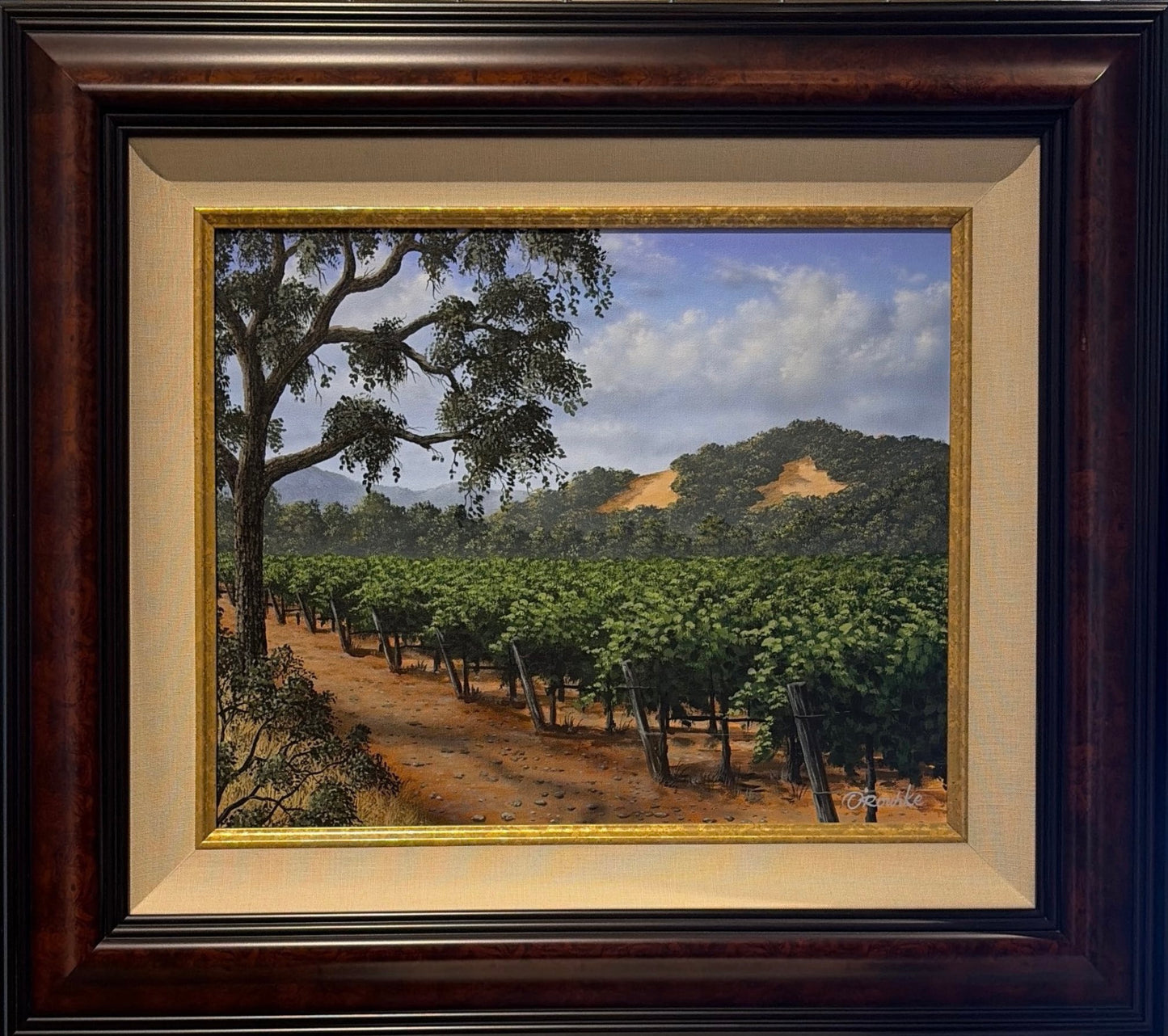 Oak & Vine by Patrick O'Rourke – 16x20 original acrylic painting of Napa Valley vineyards with a majestic California oak, custom framed.