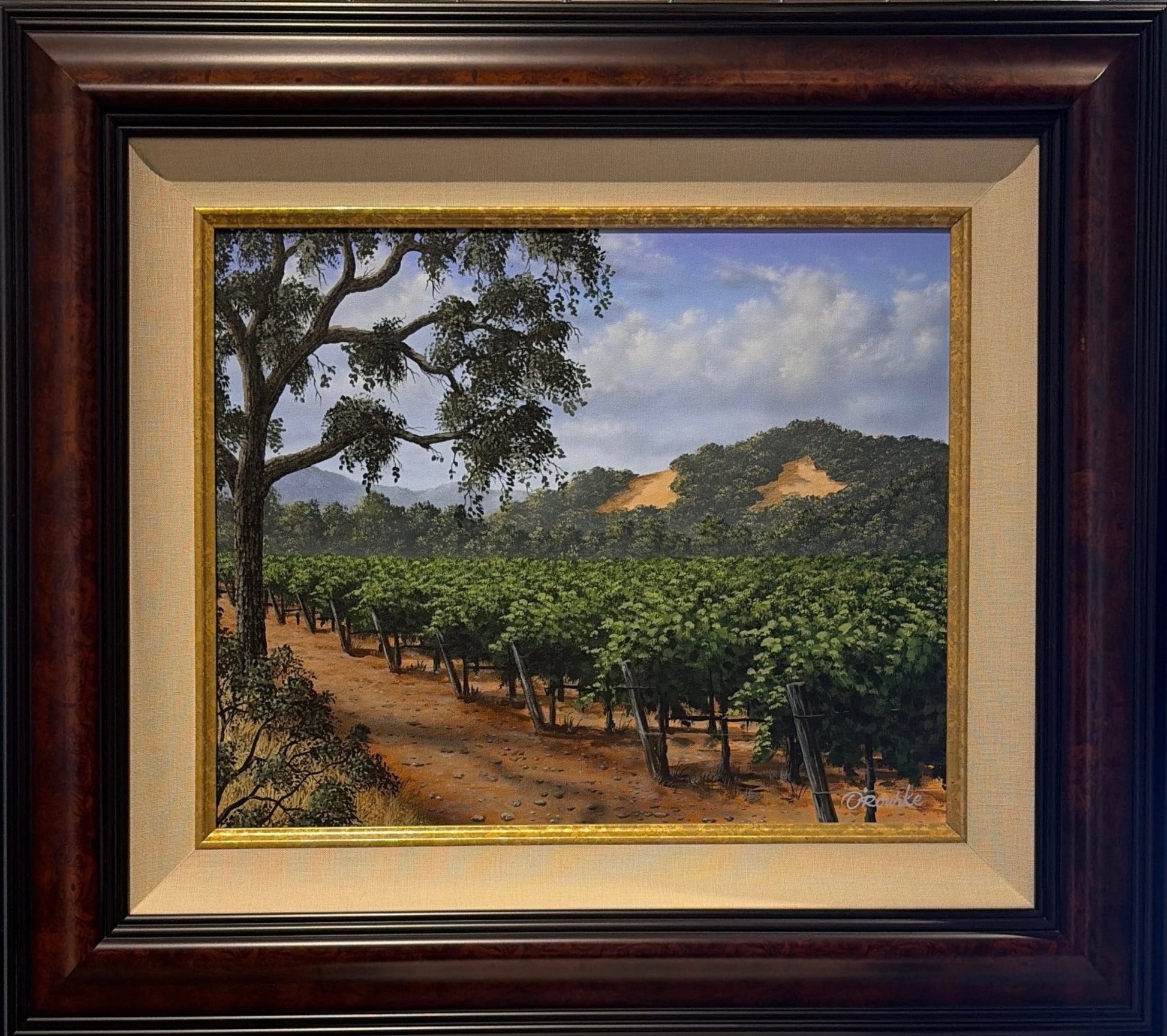 Oak & Vine by Patrick O'Rourke – 16x20 original acrylic painting of Napa Valley vineyards with a majestic California oak, custom framed.
