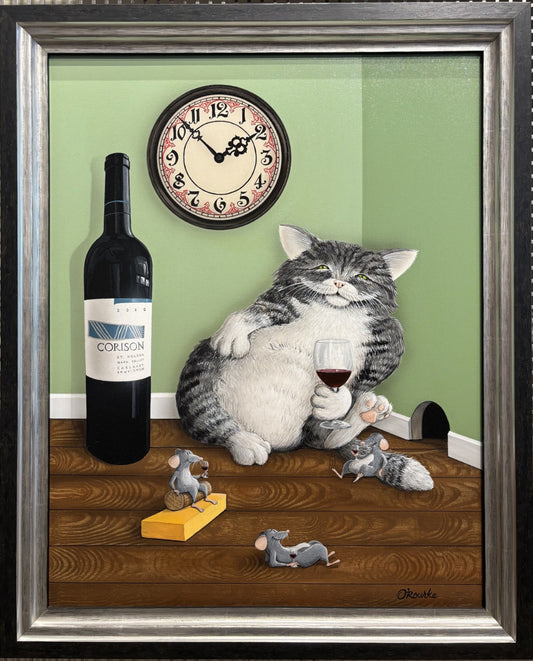 Off the Clock by Patrick O’Rourke – whimsical Mouseterpiece painting featuring a cat with Corison Cabernet Sauvignon and three playful mice, original acrylic (sold), available as limited edition giclée on canvas.