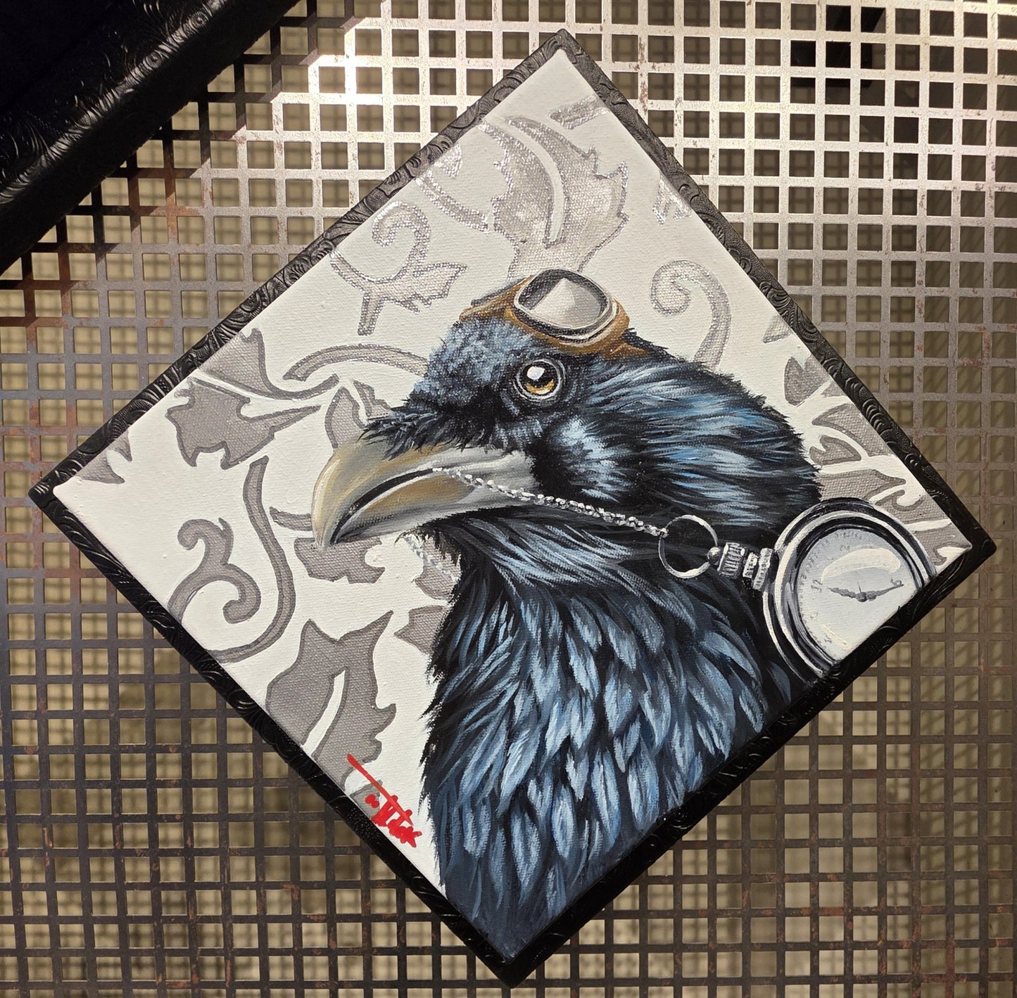 “On Time” by Pete Tillack – a raven perched with a vintage pocket watch in its beak.