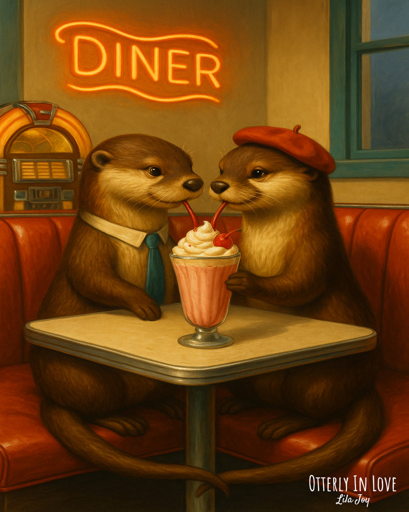 Otterly in Love by Lila Joy – Whimsical Realism fine art print on archival paper or canvas by Napa Valley artist; two otters sharing a milkshake in a vintage diner setting.