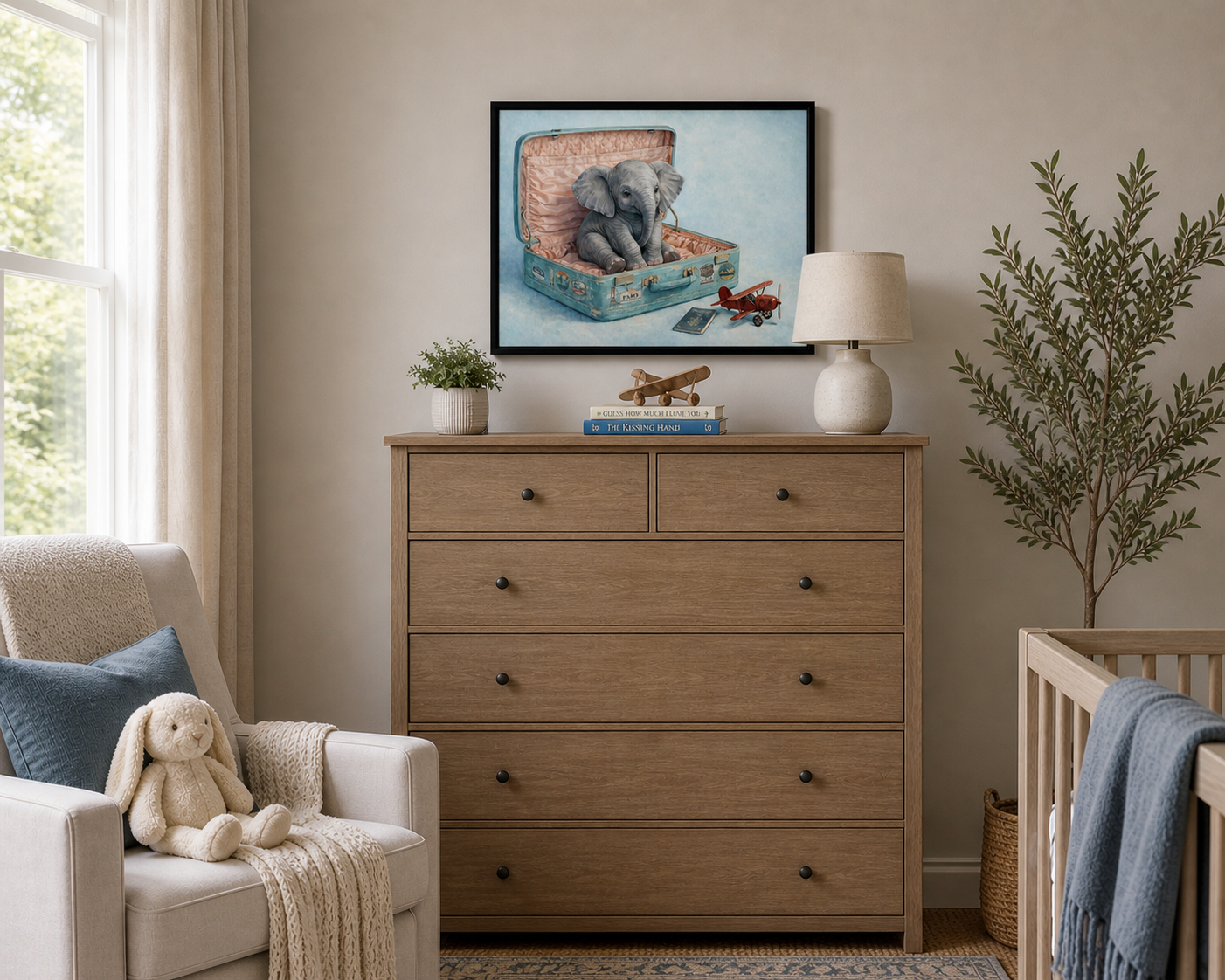 Pack-a-derm baby elephant art by Lila Joy displayed framed in a softly styled nursery or bedroom interior.