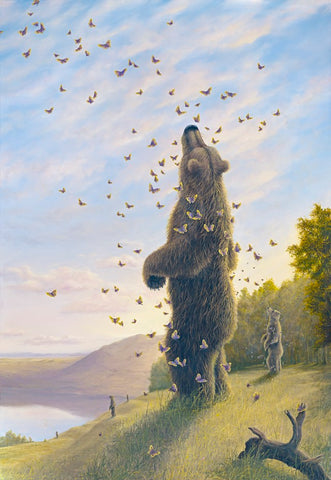 Paradise by Robert Bissell features bears surrounded by enchanting butterflies by the lake shore