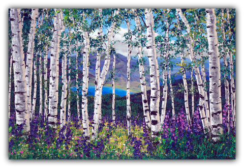 Peaceful Wonder limited edition giclée on canvas by Jennifer Vranes featuring white aspens, purple and yellow wildflowers, and distant mountains.