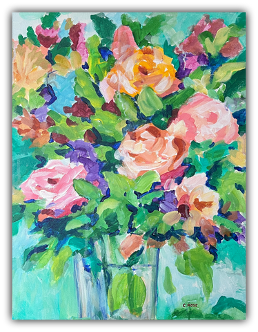 Peach Roses original acrylic painting by Charlotte Rose featuring a soft floral bouquet with peach and blush roses in a glass vase on a light turquoise background, 20x16 inches.